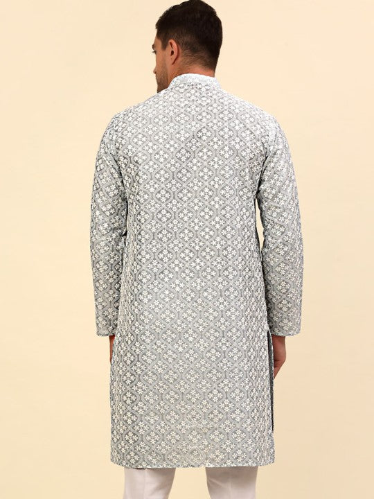 Grey & White Floral Embroidered Kurta
