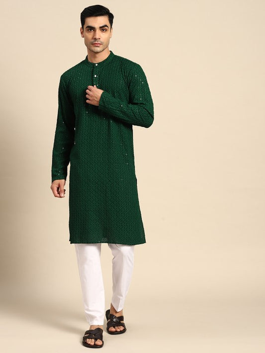 Floral Embroidered Sequinned Pure Cotton Kurta with Pyjamas
