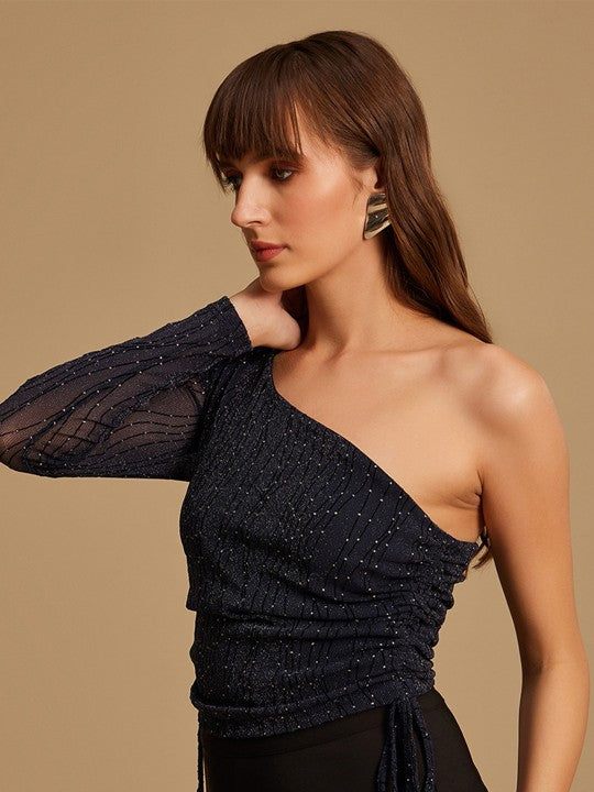 Women Navy Blue One Shoulder Top