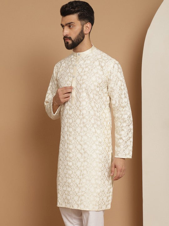 Men Cream‑Coloured Ethnic Motifs Thread‑Work Straight Kurta