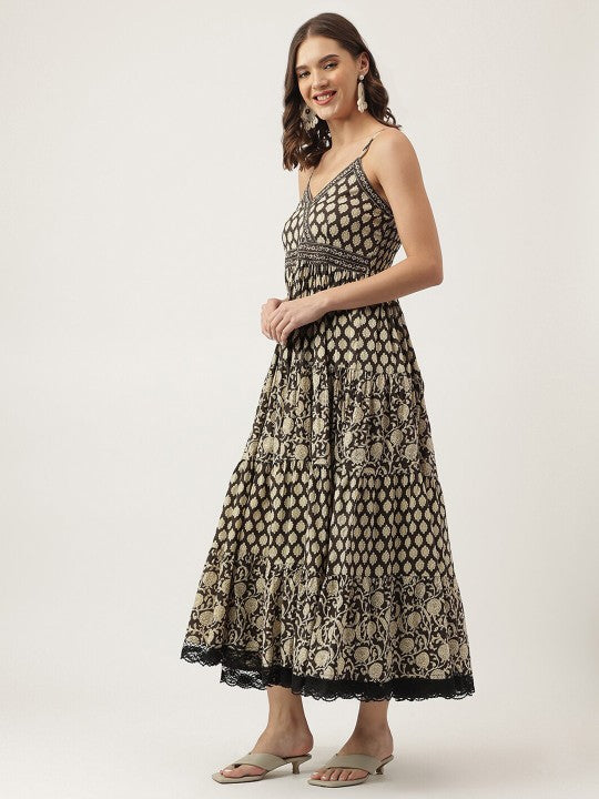 Floral Printed Shoulder Straps Cotton Tiered Fit & Flare Maxi Ethnic Dress