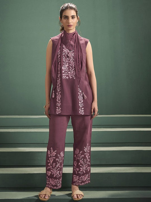 Mauve Embroidered Tunic with Trousers and Scarf