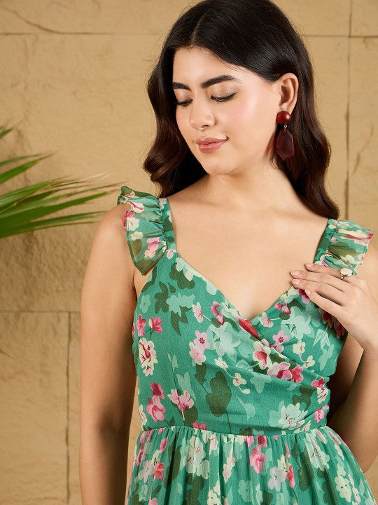 Women Floral Printed V-Neck Maxi Dress