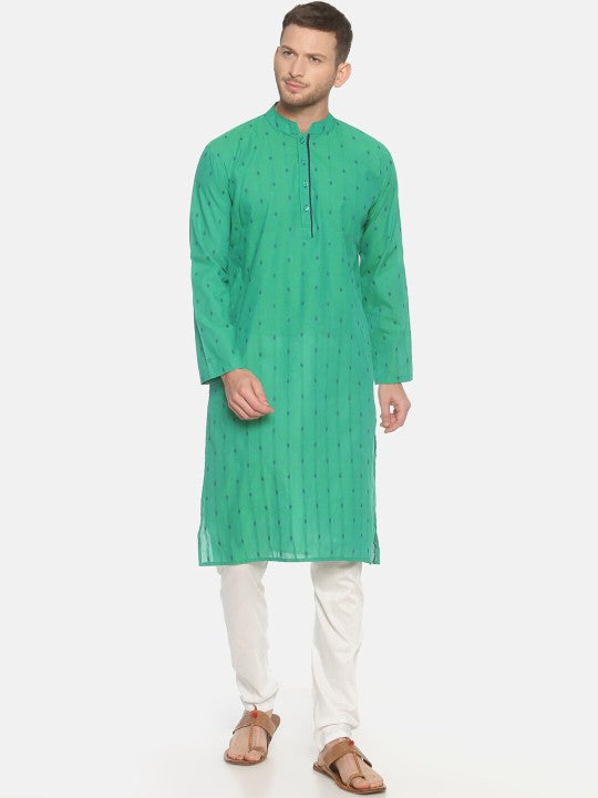 Men Green Printed Dobby Handloom Kurta