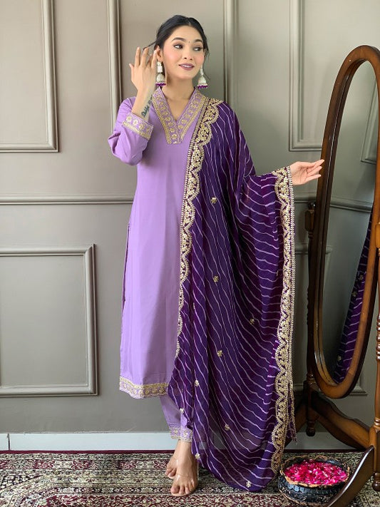V-Neck Zari Mirror Work Kurta with Trousers & Dupatta