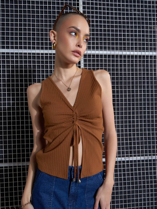 Brown Lace-Up Crop Top