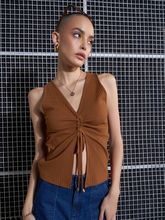 Brown Lace-Up Crop Top