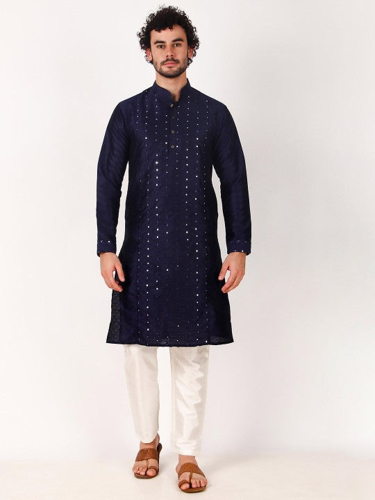 Geometric Embroidery Mandarin-Collar Mirror Work Kurta