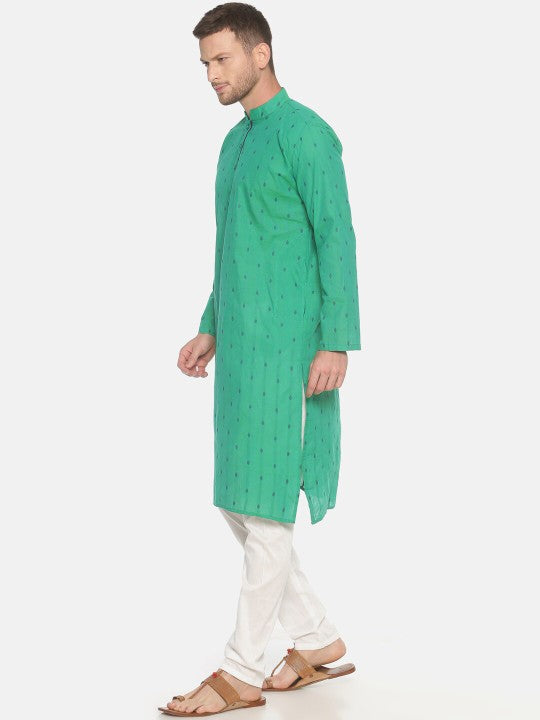Men Green Printed Dobby Handloom Kurta