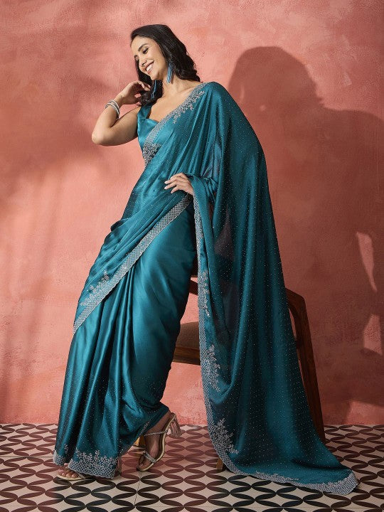 Embellished Satin Saree with Unstitched Blouse