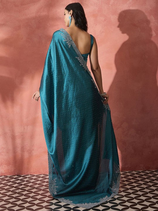 Embellished Satin Saree with Unstitched Blouse