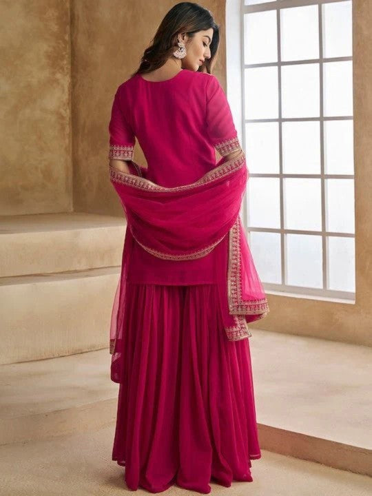 Floral Embroidered Notch Neck Sequinned Georgette Kurta with Sharara & Dupatta