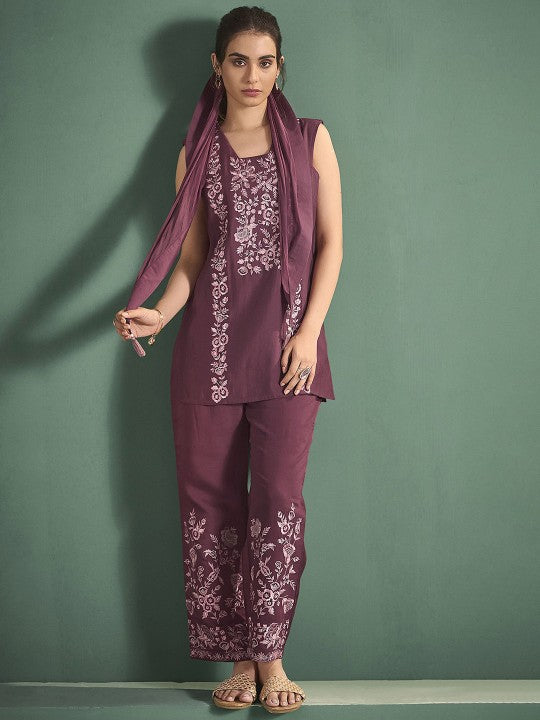 Mauve Embroidered Tunic with Trousers and Scarf