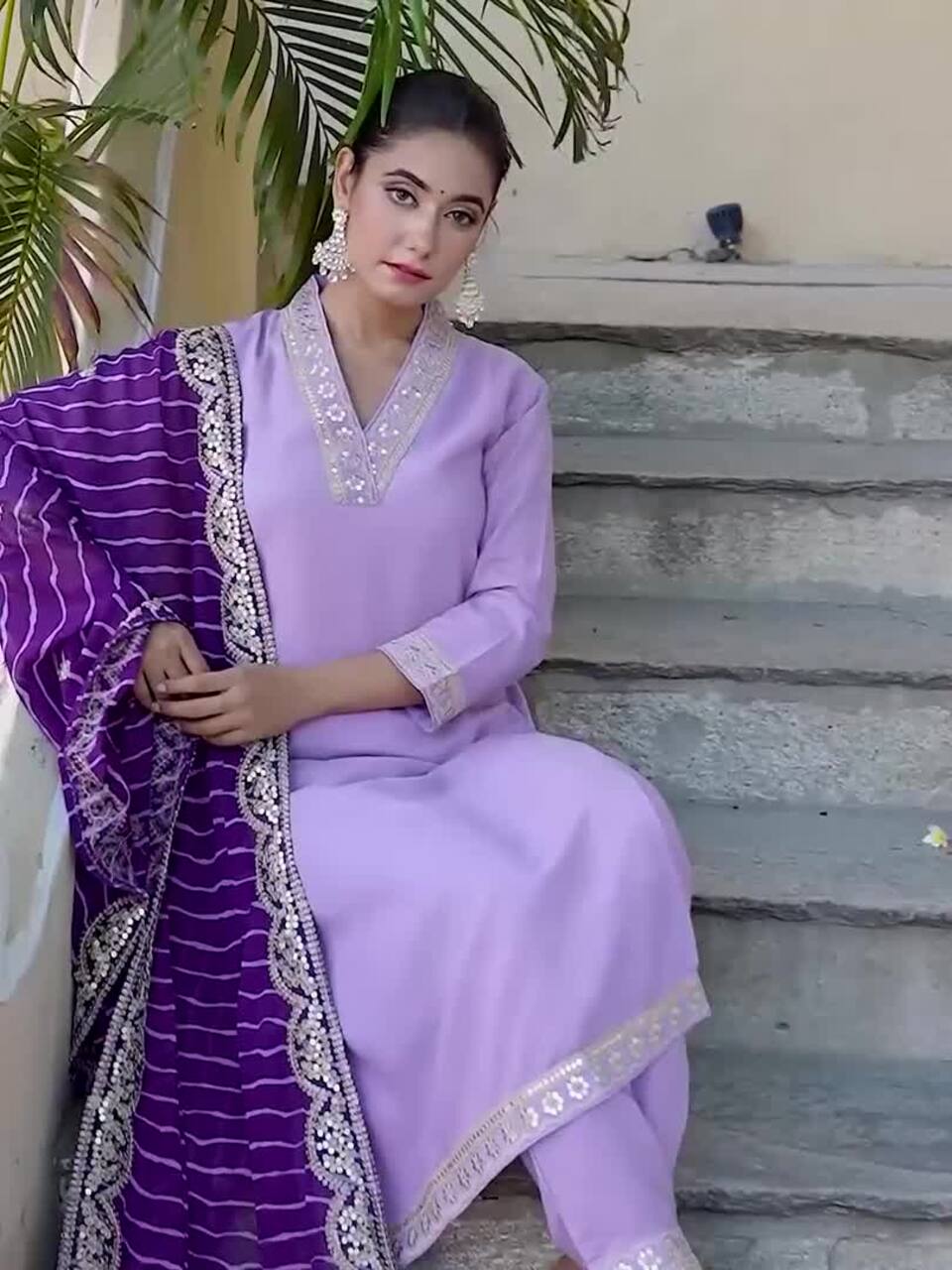 V-Neck Zari Mirror Work Kurta with Trousers & Dupatta