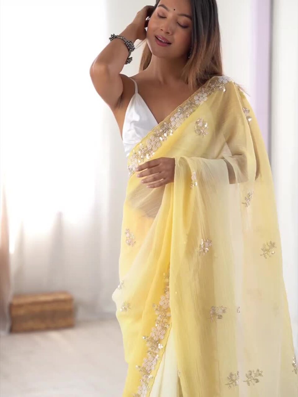 Embellished Beads and Stones Pure Chiffon Saree