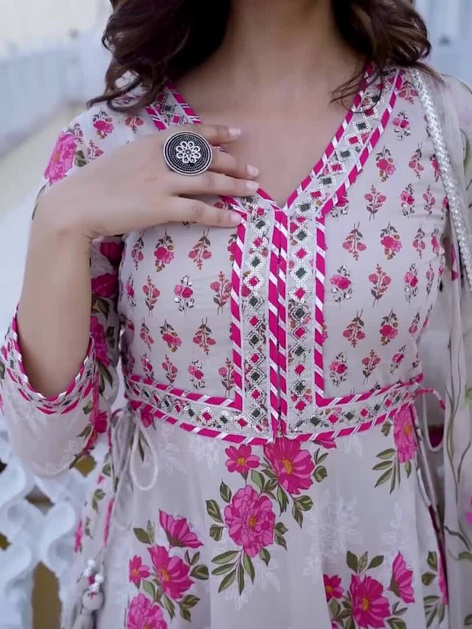 Cream-Coloured Floral Printed Pure Cotton Anarkali Kurta with Palazzos & Dupatta