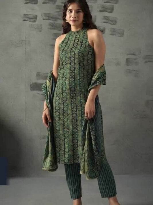 Blue Floral Printed Halter Neck Straight Kurta with Trousers & Dupatta