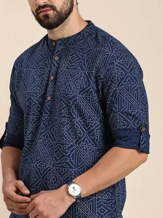 Men Geometric Printed Cotton Indigo Short Kurta