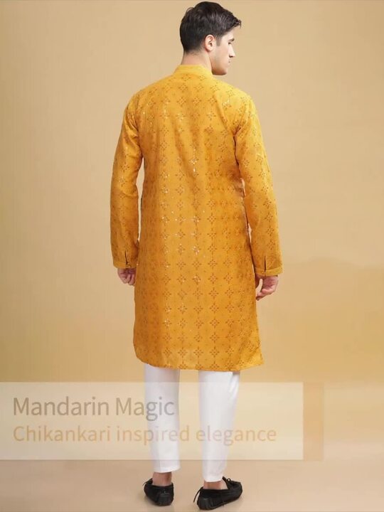 Yellow Ethnic Embroidered Mandarin‑Collar Sequinned Lucknowi Cotton Straight Kurta