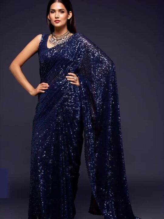 Blue Embellished Sequinned Pure Georgette Saree