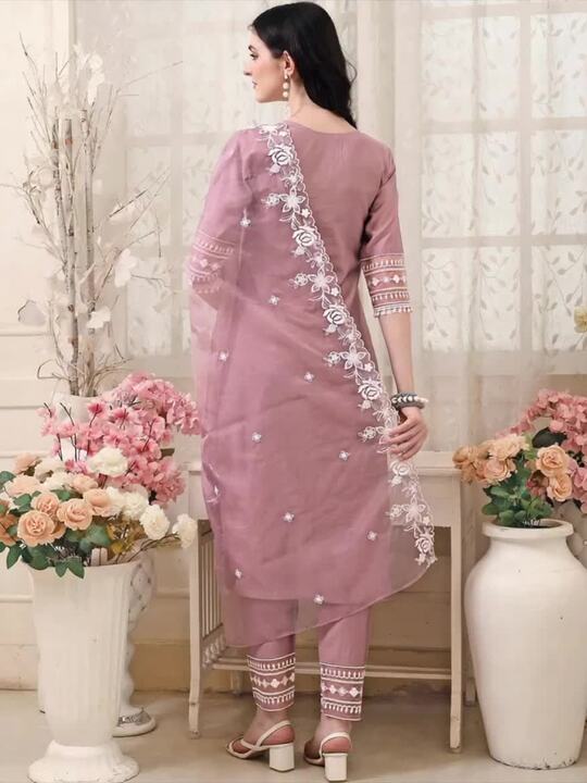 Floral Embroidered Thread Work Chanderi Cotton Kurta with Trousers & Dupatta