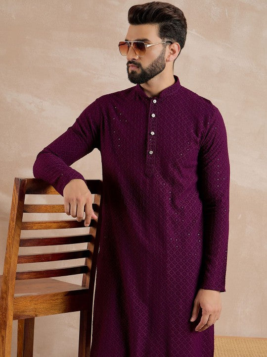 Geometric Embroidered Mandarin Collar Sequinned Straight Kurta
