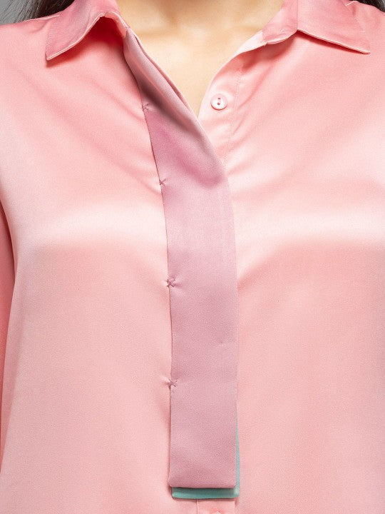 Women Smart Spread Collar Solid Satin Relaxed Fit Casual Shirt