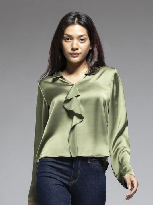 Women Spread Collar Satin Solid Long Sleeves Casual Top