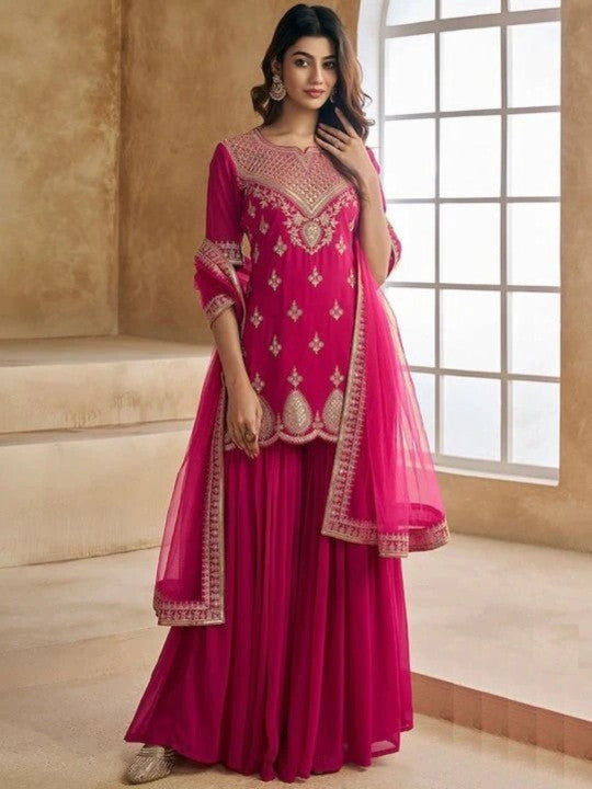 Floral Embroidered Notch Neck Sequinned Georgette Kurta with Sharara & Dupatta