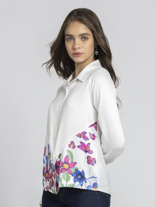 Women Relaxed Spread Collar Floral Printed Satin Relaxed Fit Casual Shirt