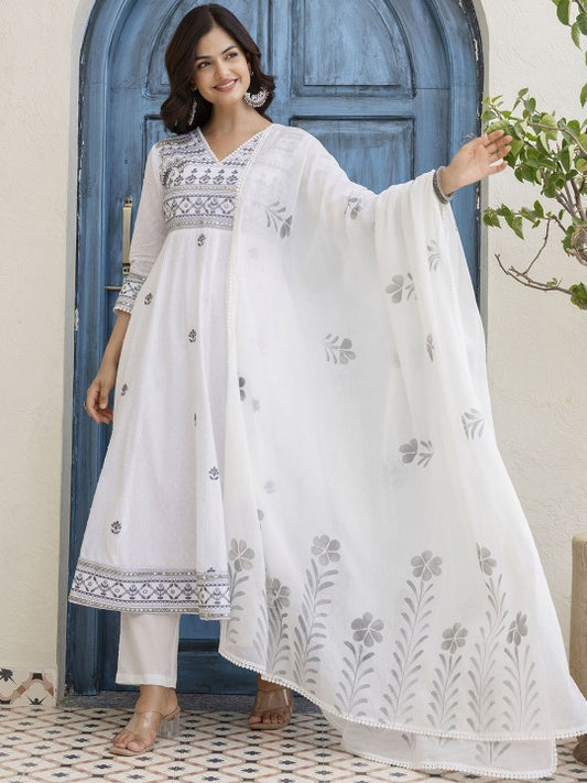 Women Floral Embroidered Cotton Kurta with Trousers & Dupatta