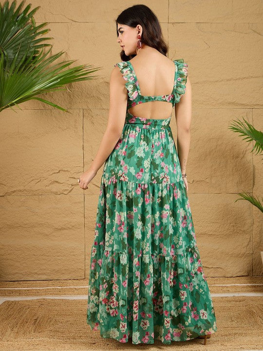 Women Floral Printed V-Neck Maxi Dress