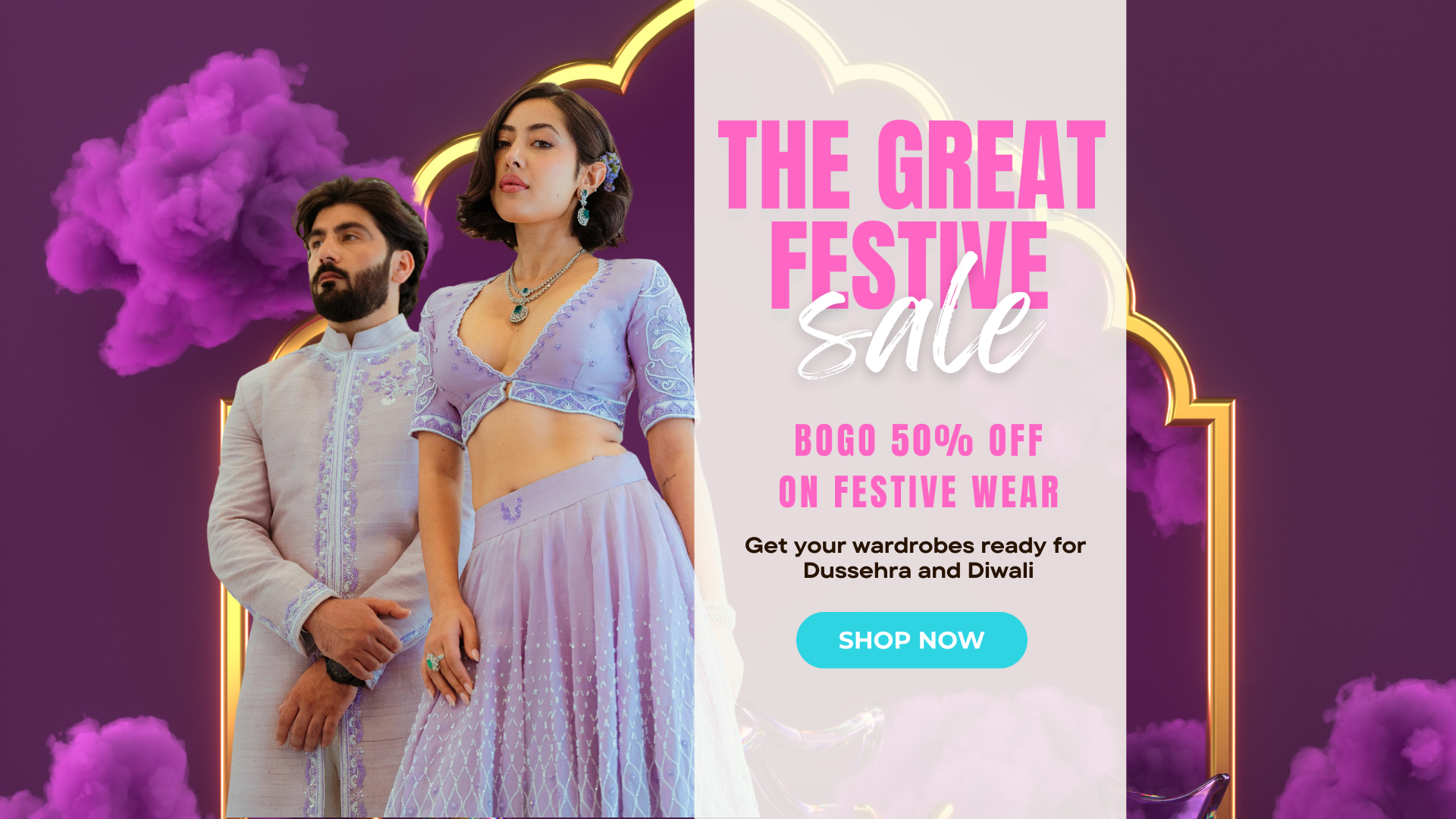 Promotional banner for a festive sale with a couple in traditional attire on a purple background.