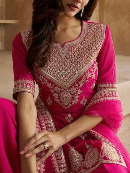 Floral Embroidered Notch Neck Sequinned Georgette Kurta with Sharara & Dupatta