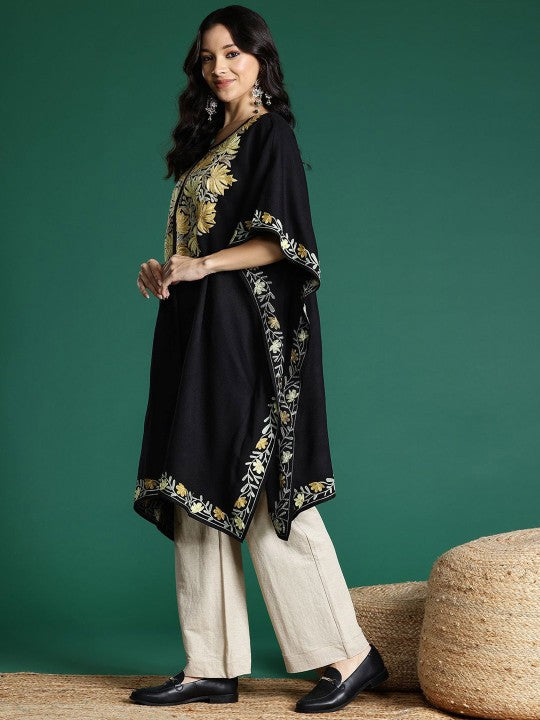Black Floral Embroidered Jacquard Weave Acrylic Kaftan Kurta