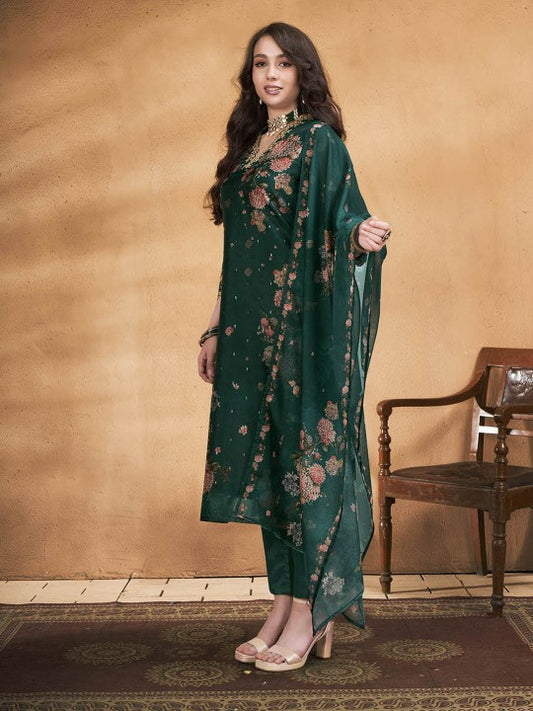 Dark Green Floral Printed Thread Work Straight Kurta with Trouser & Dupatta