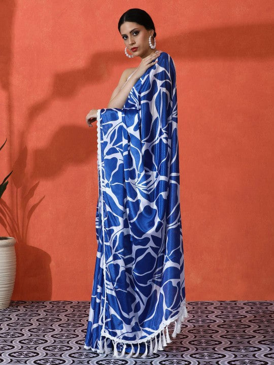 Embellished Floral Printed Digital Printed Satin Saree with Blouse Piece