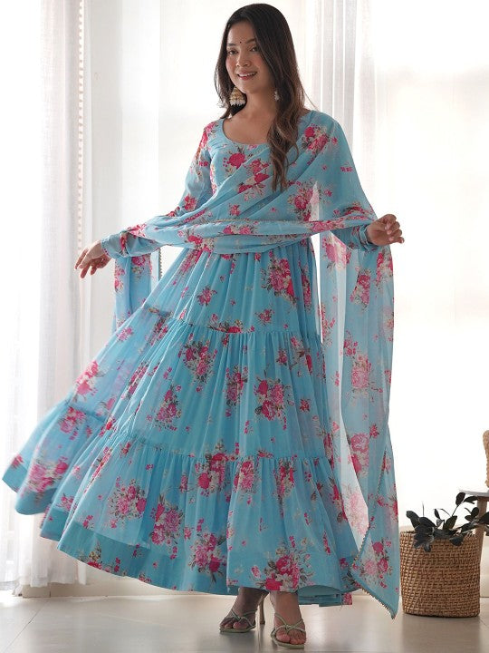 Floral Printed Anarkali Kurta with Trousers & Dupatta