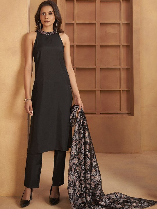 Halter Neck Mirror Work Straight Kurta with Trousers & Dupatta