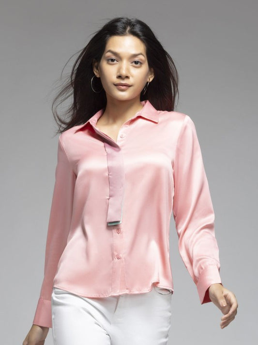 Women Smart Spread Collar Solid Satin Relaxed Fit Casual Shirt
