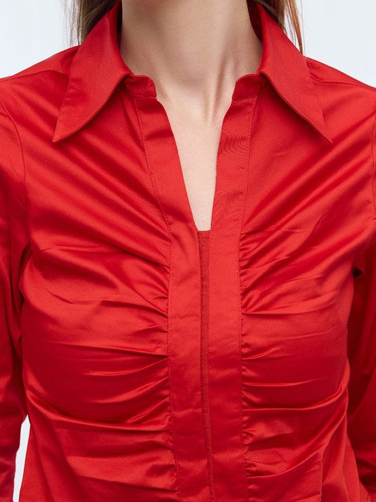 Women Cherry Red Ruched Front Casual Shirt