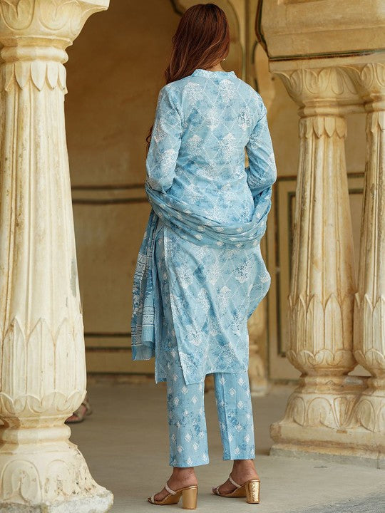 Floral Printed Pure Cotton Kurta with Trousers & Dupatta