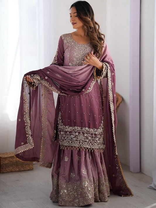 Floral Embroidered Straight Kurta with Sharara & Dupatta