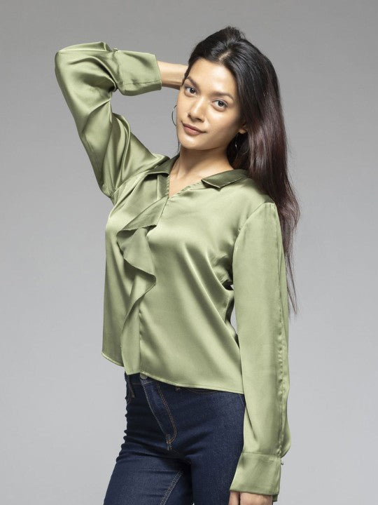 Women Spread Collar Satin Solid Long Sleeves Casual Top