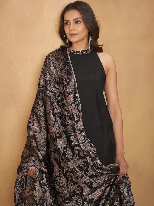 Halter Neck Mirror Work Straight Kurta with Trousers & Dupatta