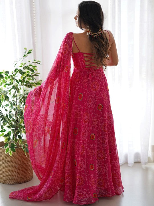 Bandhani Printed Anarkali Kurta with Trousers & Dupatta