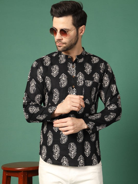 Black Paisley Printed Band-Collar Pure Cotton Straight Kurta