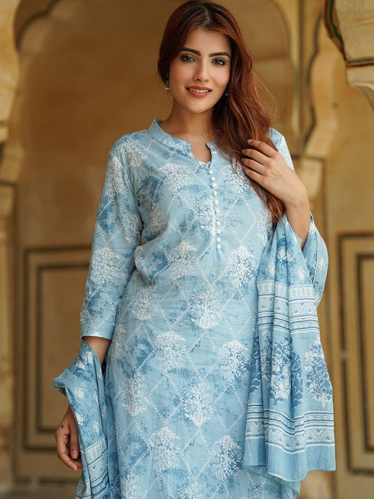 Floral Printed Pure Cotton Kurta with Trousers & Dupatta