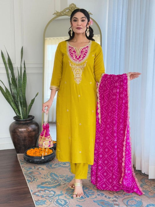 Paisley Embroidered Sequinned Notch Neck Straight Kurta with Trouser & Dupatta