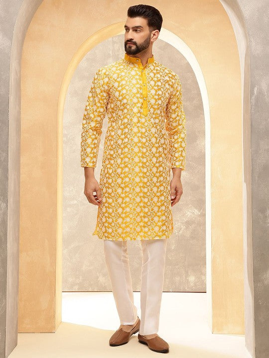Mustard Floral Embroidered Mandarin‑Collar Straight Kurta with Pyjamas